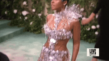 Met Gala 2024 gif. Quick clip sweeps down to show Janelle Monae's dress featuring a mostly see-through dress accented with holographic disks across her chest and down through the skirt. She appears to be wearing a silver bikini underneath the dress. 