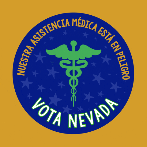 Digital art gif. Blue circular sticker against a yellow background features a green medical symbol of a staff entwined by two serpents, topped with flapping wings and surrounded by light blue dancing stars. Text, “Nuestra asistencia medica esta en peligro. Vota Nevada.”