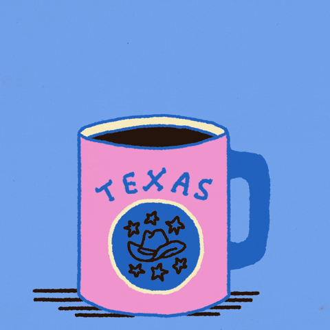 Digital art gif. Pink and blue mug full of coffee featuring a cowboy hat labeled “Texas” rests over a light blue background. Steam rising from the mug reveals the message, “Vote early.”