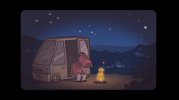 Illustrated gif. Shirtless man sits in a van with the door open, resting his arms on his knees while a campfire burns by his feet.