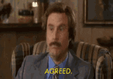 Movie gif. Will Ferrell as Ron in Anchorman tilts his head skeptically then nods vigorously. Text, "Agreed."