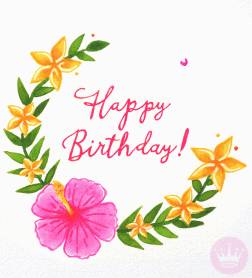 Animovaný narozeninový gif s nápisem "Happy birthday" a objevujícími se květinami. 