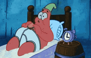 SpongeBob SquarePants gif. Lying in bed wearing underwear and a nightcap, Patrick is alert while chewing on a burger. The clock next to his bed says it's 3:00.