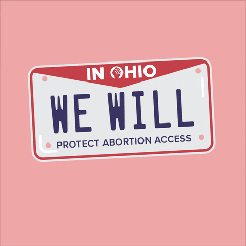 Digital art gif. Red and white Ohio license plate dancing against a pink background reads, “In Ohio, we will protect abortion access."