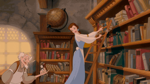 Gif of Belle from Beauty and the Beast sliding along a ladder on a bookshelf.