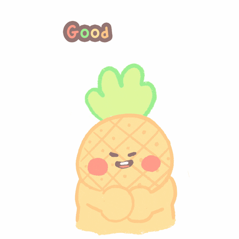 Kawaii gif. A cartoon of a pineapple with a human body hugs itself. Confetti flies as it throws its hands in the air as the words “Good Job!” flash above him.