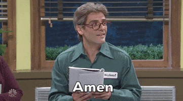 SNL gif. Oscar Isaac, dressed as an old man, holds a notebook in his hands. He looks around while nodding and then looks down at his notebook. He says, “Amen.”