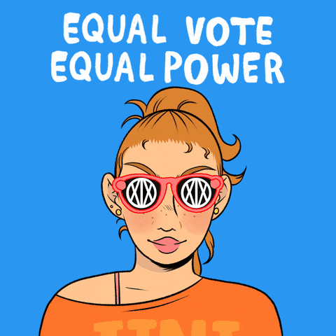 Digital art gif. Several diverse women appear behind the same pair of pink sunglasses featuring an XIX that represents the 19th Amendment against a light blue background. Text, “Equal vote, equal power.”