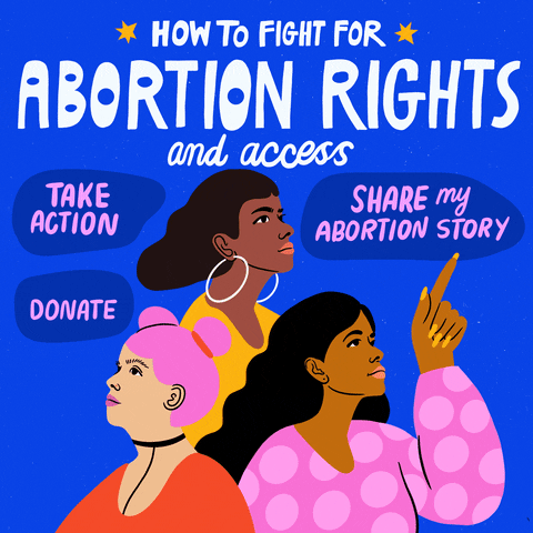 Text gif. Diverse trio of women looking up toward the message "How to fight for abortion rights and access," surrounded by the words "take action," "share my abortion story," "donate."