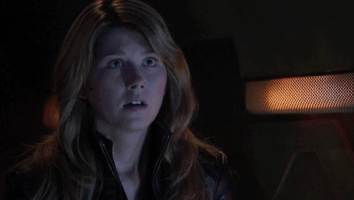 TV gif. Jewel Staite as Jennifer Keller on Stargate Atlantis looks breathless and shocked. Text, "My god, how big is that thing?"