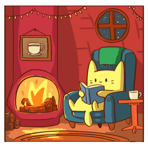 An animated gif illustration of a cat sitting on a comfy chair beside a fire reading a book.