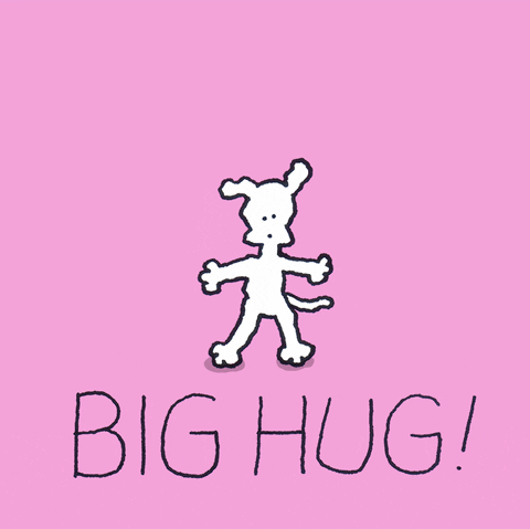 Cartoon gif. Chippy the Dog waves its arms wide open and hugs itself, saying "Grrr!" Text, "Big hug!"