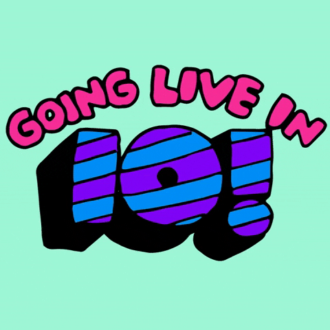 Text gif. Chunky block text with letters in pink, and digits in blue-and-purple diagonal stripes, reads: "Going live in 10!"