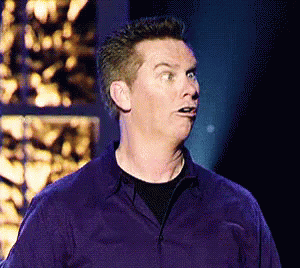Celebrity gif. Close-up of Brian Regan crossing his eyes, flaring his lips, and looking around in bewilderment.