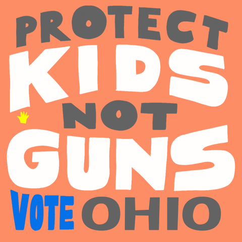 Text gif. Capitalized gray and white text against a peach background reads, “Protect kids not guns, Vote Ohio.” Six tiny hands appear in the center of the text.