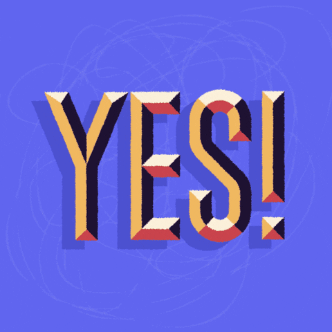 Text gif. The word, "YES!" is written in a gilded fashion and sparkles as it grows larger and shrinks back to its original size. 