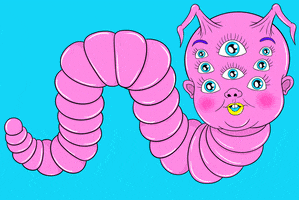 Illustrated gif. Twitching pink segmented worm with a baby face, eight blinking eyes, and droopy batwing horns.