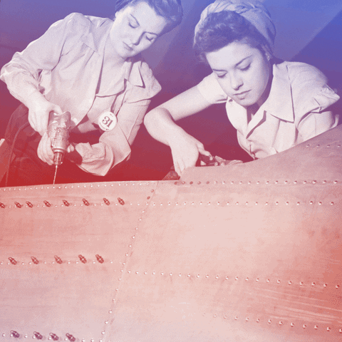 Informative gif. Black and white photo of two women from the 1940s work on an airplane. Text appears below, "American women made $0.82 for every $1 an American man made in 2022." The Pew logo appears in the bottom right corner with a note: "Source Bureau of Labor Statistics, Note: Refers to full-time, year-round workers."