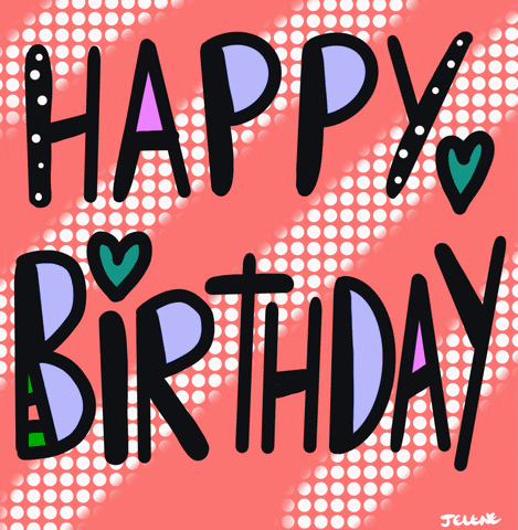 Text gif. The text, "Happy Birthday," is written and flashes in black, purple, pink, and blue on a green and white polka dot background. Hearts surround the text.