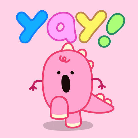 Kreslená pohyblivá animace s růžovým tancujícím dráčkem a barevným blikajícím nápisem "Yay!". 