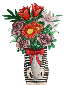 Pohyblivý kreslený obrázek k svátku s dívkou držící před sebou vázu s obrovskou kyticí.