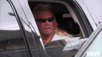 TV gif. Dog the Bounty Hunter as a passenger in an SUV staring out as the car window rolls up. 