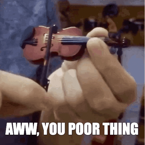 Video gif. A person plays a tiny violin. Text, “Aww, you poor thing.”