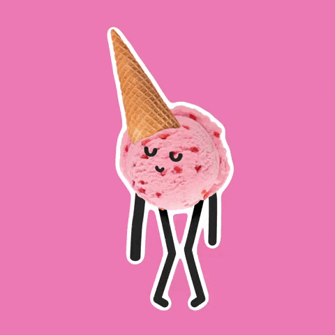 Photo gif. Strawberry ice cream cone with stick arms and legs and a face drawn on it dancing funky.