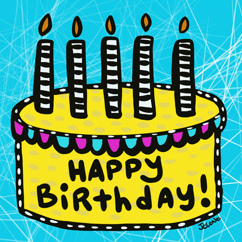 Digital art gif. An illustration of a flashing birthday cake. Text, "Happy Birthday!"