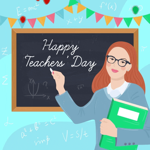 Illustrated gif. Red-haired teacher wearing glasses, holding a book, writes on a chalkboard decorated with falling balloons and a banner. Cursive text on chalkboard, "Happy Teachers' Day."