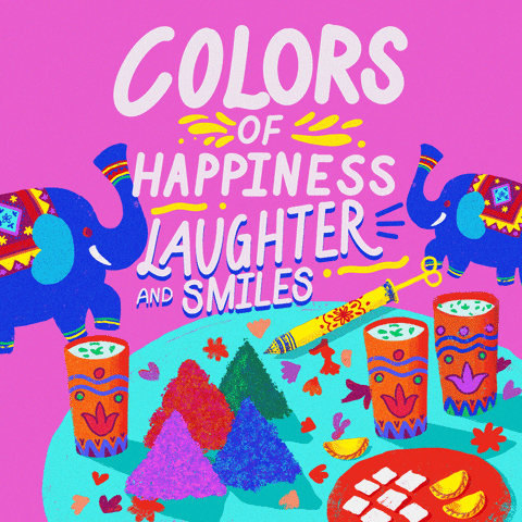 Illustrated gif. Blue elephants in vibrant saddle cloths spray green and yellow paint from their trunks on each side of table set with food, piles of colored pigment, and other festive items. Text on pink background, "Colors of happiness, laughter, and smiles."