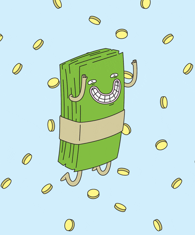 Illustrated gif. A stack of bills is flying through the air with a dopey smile as gold coins rain around it.