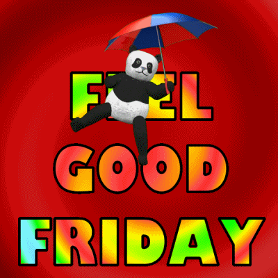 Text gif. A swirling rainbow-colored psychedelic animation flows out from the center, as a 3D panda holding an umbrella spins in front of the text, "Feel good Friday."