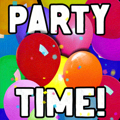 Digital art gif. Colorful balloons are covered with falling confetti as a fuzzy cartoon bear with big eyes wearing a green jacket and birthday hat pops out of the balloons while blowing on a party horn. Text, "Party Time!".