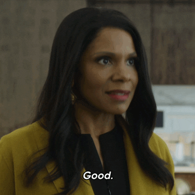 TV gif. Audra McDonald as Liz Reddick from The Good Fight nods to right of frame, speaking with uncomfortable politeness. When she turns away, she looks unamused. Text, "Good."