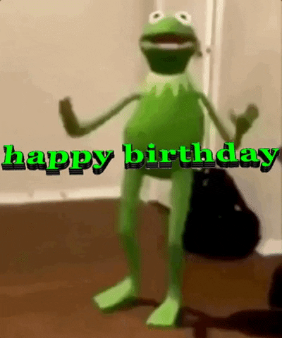 Video gif. Kermit the Frog is doing his classic slow dance and the text in front of him reads, "Happy Birthday."