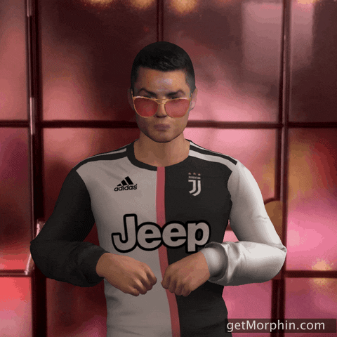 Cartoon gif. A cartoon representation of soccer player Cristiano Ronaldo throws handfuls of confetti in the air and dances in celebration as it falls around him.