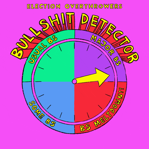 Illustrated gif. Brightly colored wheel on a hot pink background labeled "Election overthrowers bullshit detector," the arrow spinning around past "Some BS," "Usual BS," "Major BS," landing on "BS meltdown," which in turn melts into dripping slime.