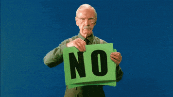 Video gif. An elderly man stands staring at us, deadpan. He holds a stack of signs up, showing us each one before dropping it on the floor. Each sign reads, "No." 