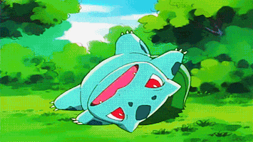 Pokémon gif. Bulbasaur is flopped on his back like a turtle that can't get up. He lays super still with his arms spread out in shock. A pokeball is thrown at him and it opens up, beaming him instead.