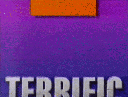Text gif. Silver block letters reading, "Terrific Tuesday" shrink while moving upwards. A vibrant orange square slides through the bold purple background, passing behind the text.