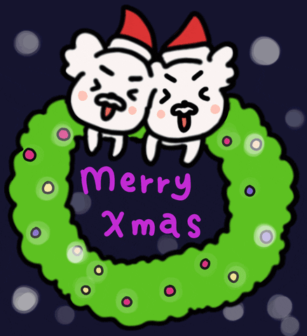 Cartoon gif. Two white cartoon dogs in Santa hats bob atop a wreath filled with twinkling lights. 
