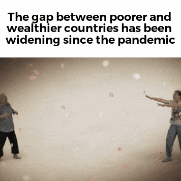 Video gif. Two people reaching out for each other slowly slide backwards as the gap widens between them. Text, “The gap between poorer and wealthier countries has been widening since the pandemic.”