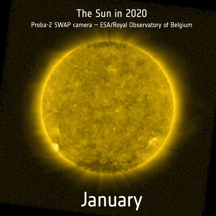 Animated image composed of 366 individual shots of the Sun for each day of the previous year. Credit: ESA/Royal Observatory of Belgium