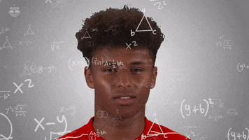 Celebrity gif. Footballer Karim Adeyemi looks up, for answers, confused, as math equations float around his head.