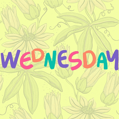 Text gif. Against a light yellow background with a green floral design, the text "Wednesday" dances in a clean, painted typography, the letters flashing back and forth between bright colors.