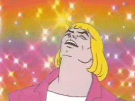Cartoon gif. He-Man from He-Man and the Masters of the Universe has his eyes closed and his head rocks back and forth as he laughs with his mouth open. Rainbow sparkles flash around him.