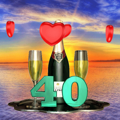Digital art gif. A platter holding a bottle of champagne and two glasses bobs with the number forty on it. Red hearts circle the champagne bottle in front of an ocean sunset. 