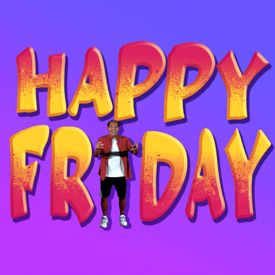 Text gif. Purple-and-blue gradient background with wavy bubbly pink and yellow text that reads "Happy Friday." A guy dancing stands in for the letter I.