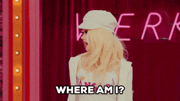 Reality TV gif. Willow Pill stands on the stage of RuPaul's Drag Race looking from side to side in amused bewilderment as she says, "Where am I?